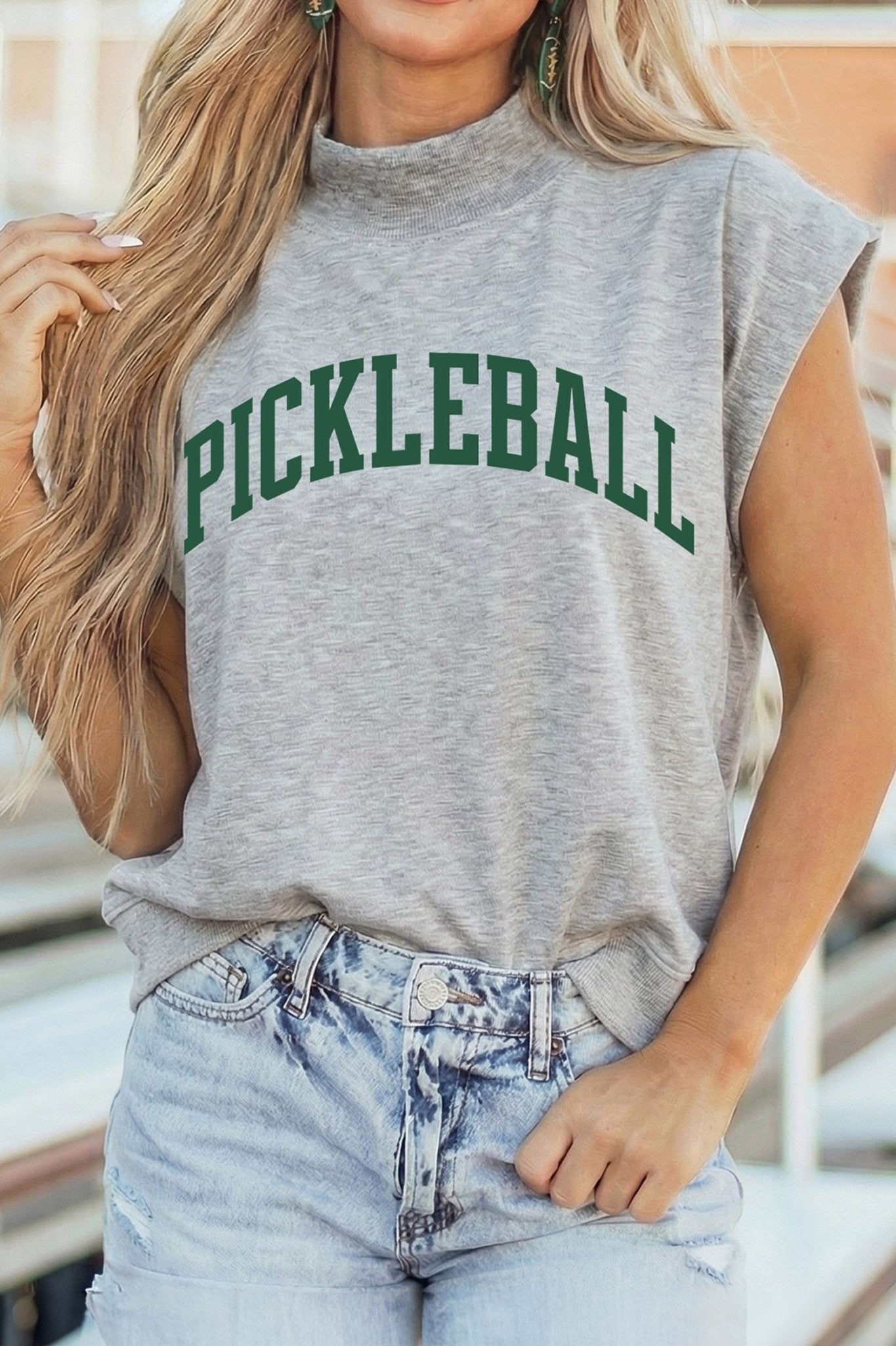 Light Grey PICKLEBALL Lettering Mock Neck Short Sleeve Top - Loving It Shop