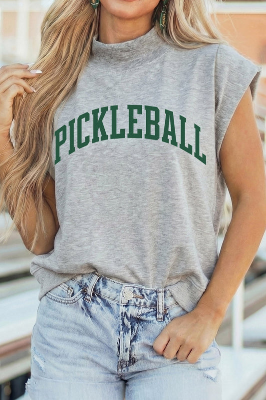 Light Grey PICKLEBALL Lettering Mock Neck Short Sleeve Top - Loving It Shop