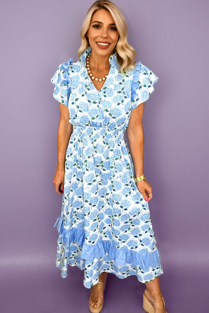 Sky Blue Hydrangea Floral Print Ruffle Trim Flutter Sleeve Long Dress - Loving It Shop
