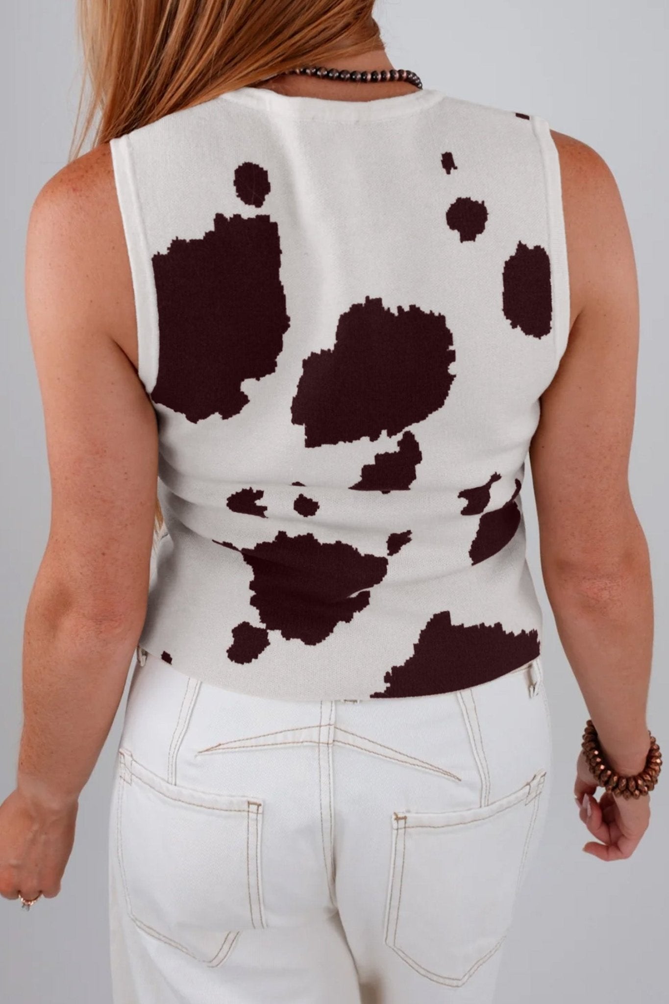 White Western Cow Spots Button Down Sweater Vest - Loving It Shop