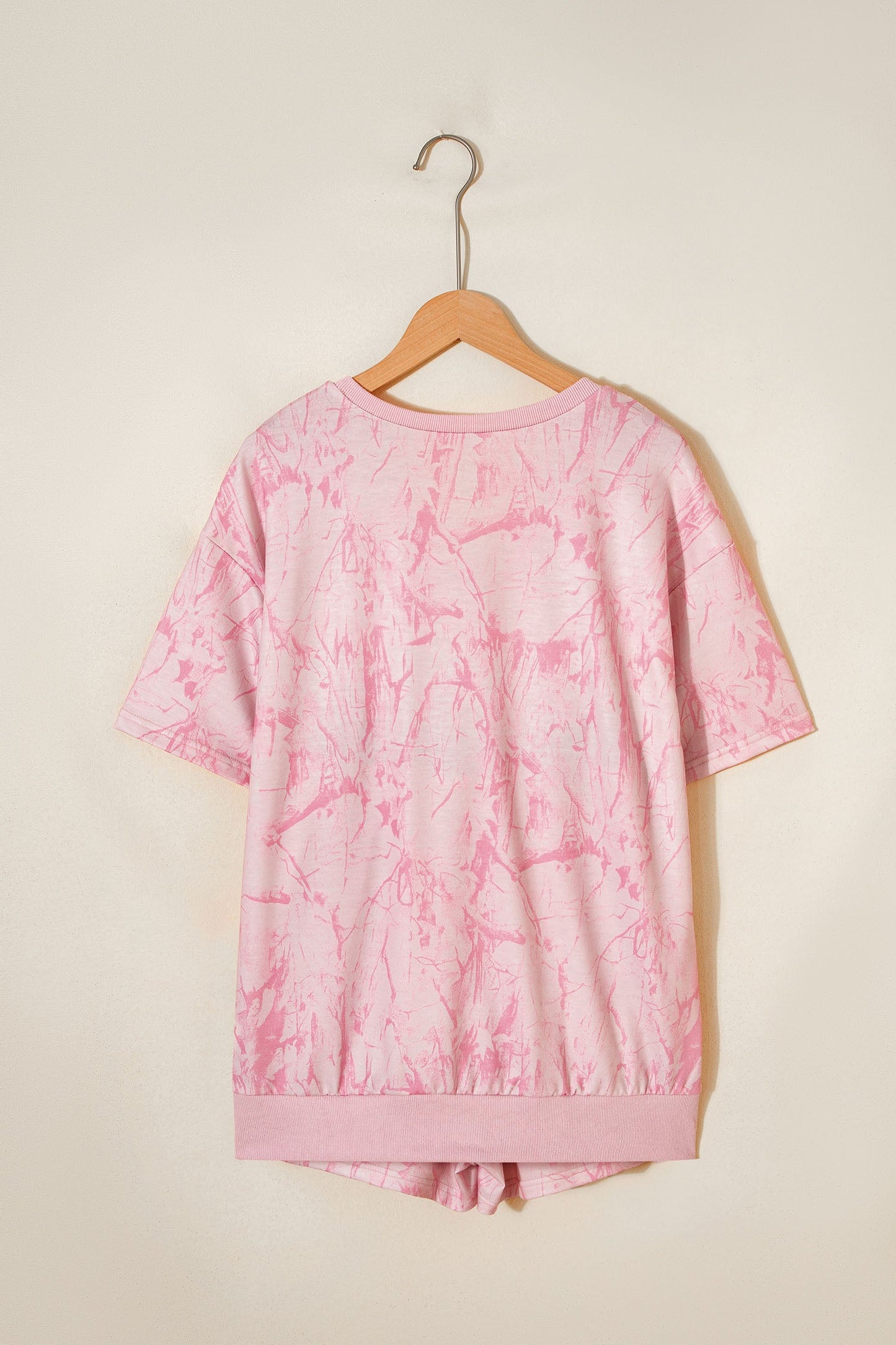 Pink Abstract Print V Neck Loose Tee Drawstring Shorts 2pcs Outfit