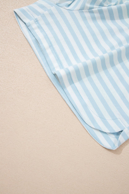 Sky Blue Stripe Contrast Neck Loose Tee and Drawstring Shorts Set - Loving It Shop