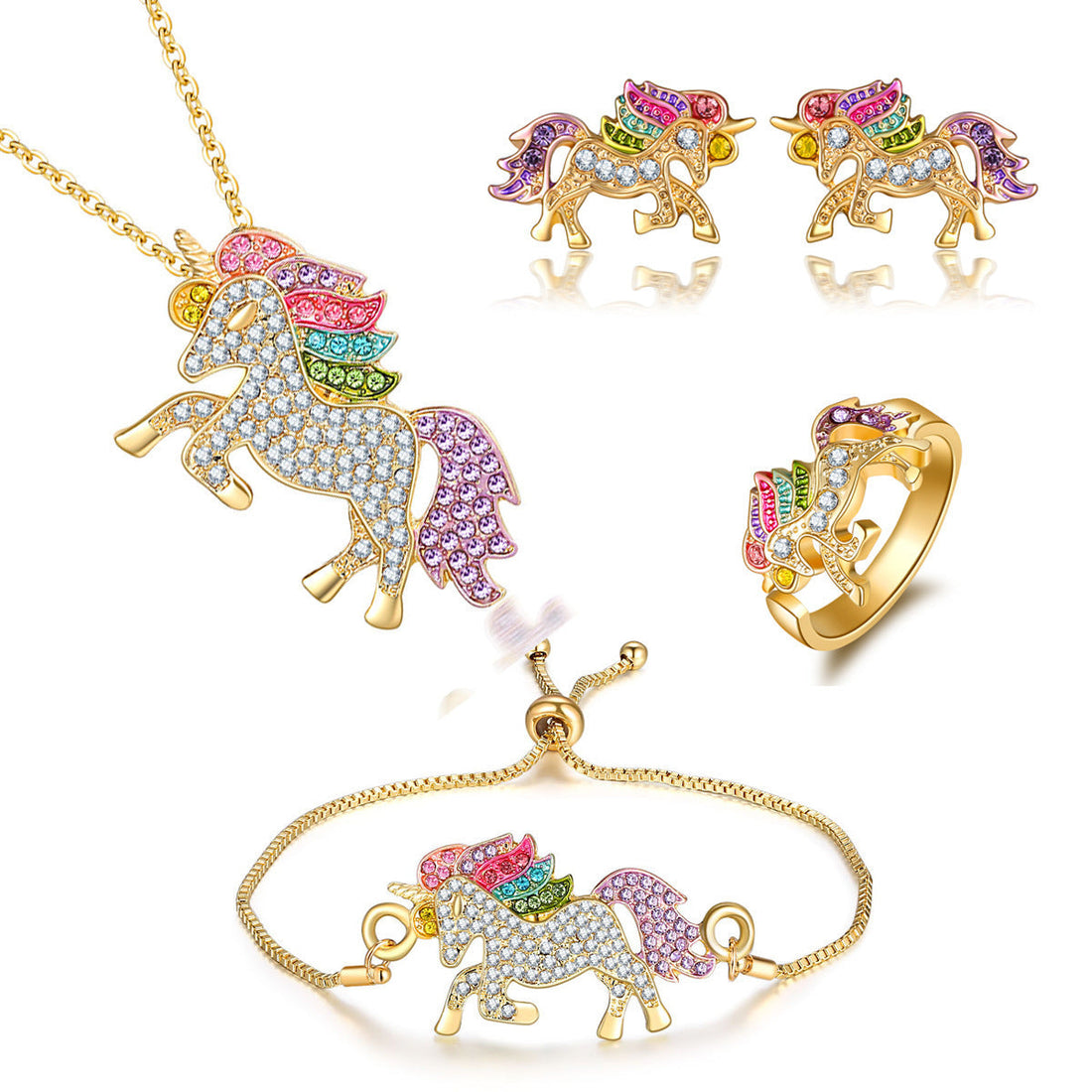 Colorful Cartoon-Themed Unicorn Earrings, Necklace, Ring &amp; Bracelet Jewelry Set