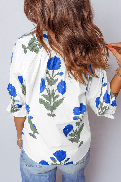 Sky Blue Casual Wild Flower Print V Neck 3/4 Sleeve Blouse