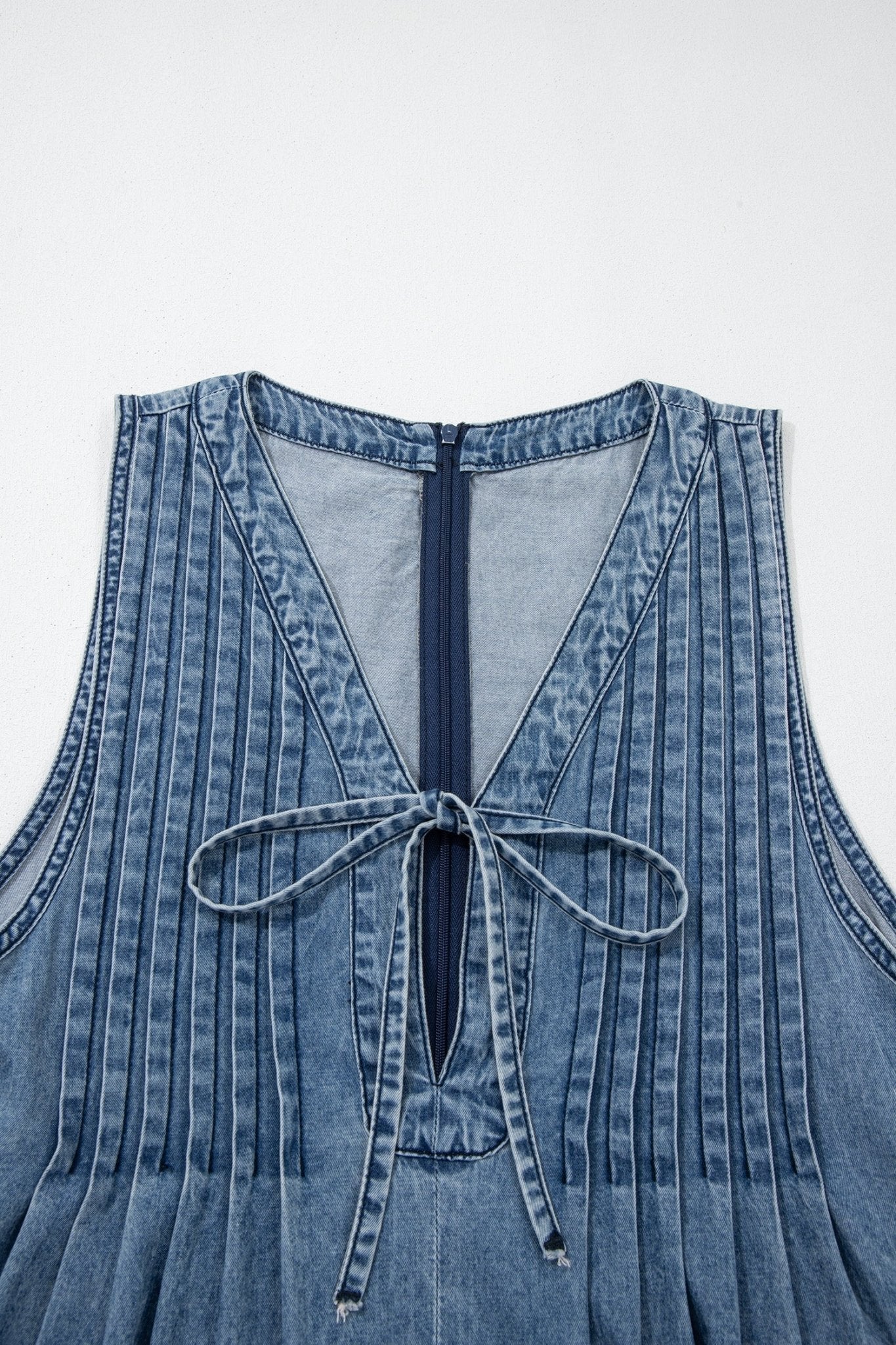 Dusk Blue Acid Wash Pintuck Tie V Neck Denim Wide Leg Jumpsuit - Loving It Shop