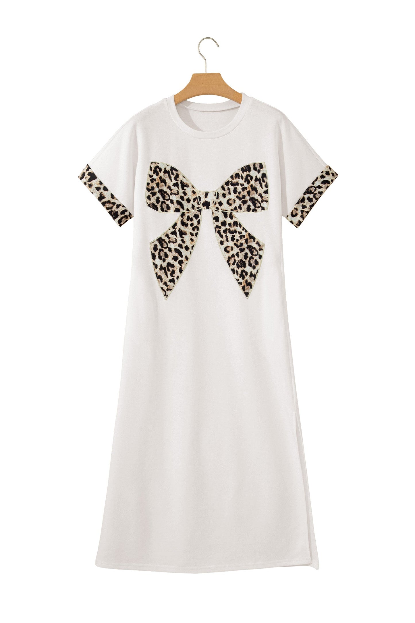 White Contrast Leopard Bow Patched Short Sleeve T Shirt Long Dress