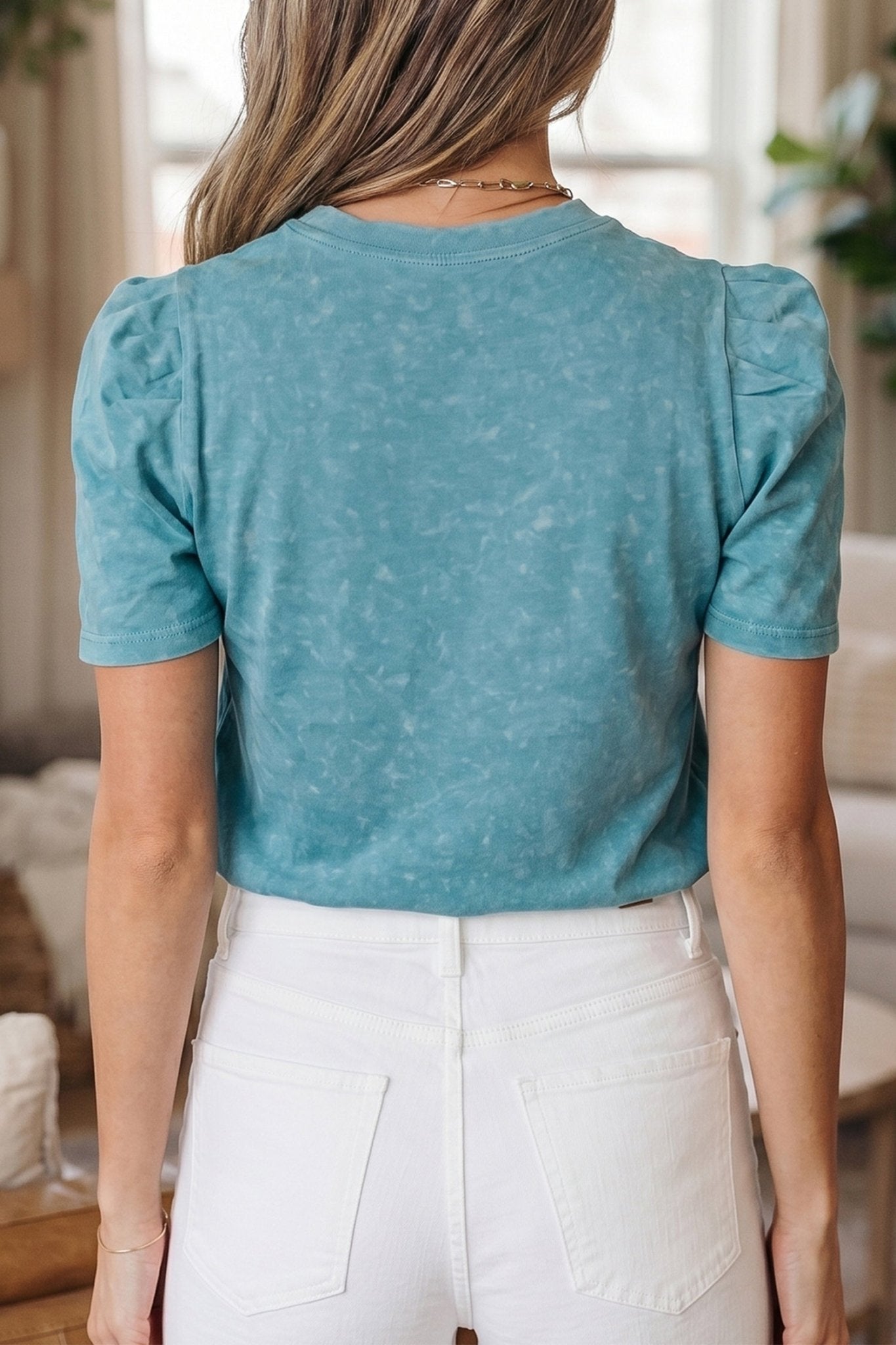 Turquoise Mineral Wash Western Embroidered Detail Short Puff Sleeve Cotton Tee - Loving It Shop