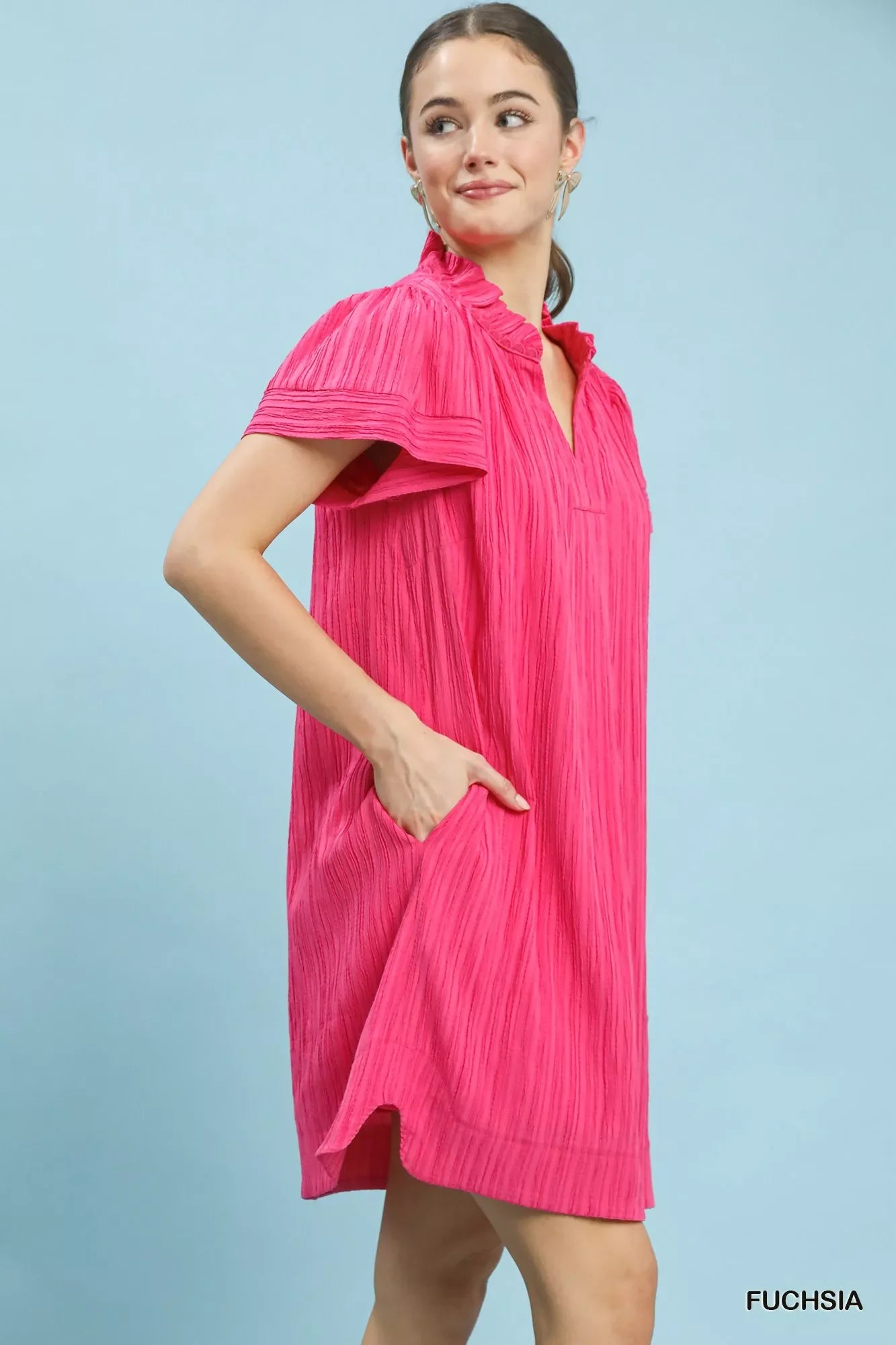 Flutter Sleeve V-Neck Shift Dress