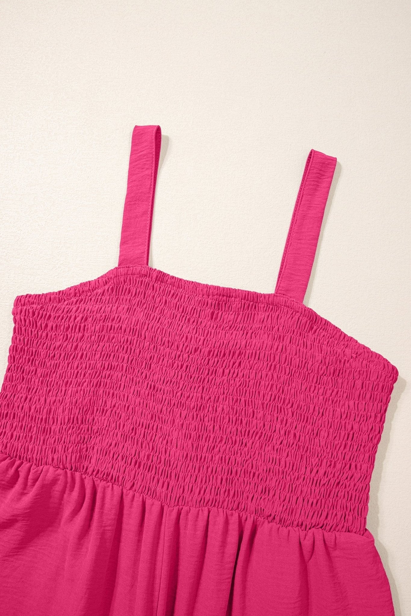 Rose Red Smocked Square Neck Sleeveless Jumpsuit with Pockets - Loving It Shop