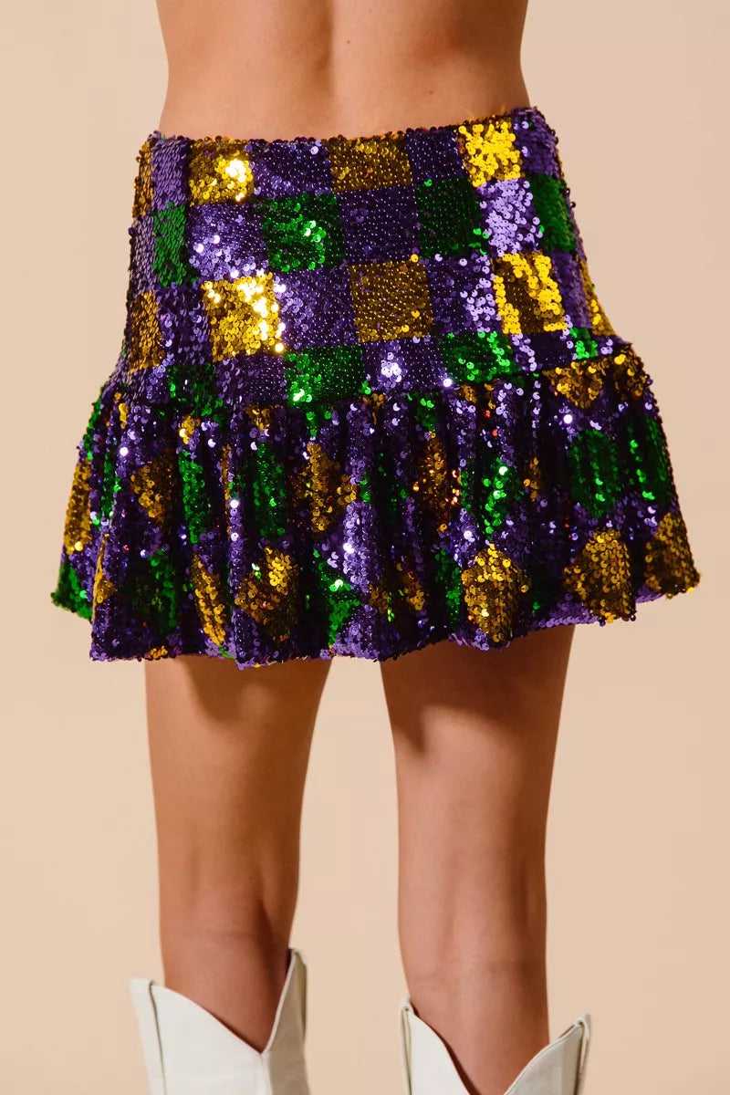 Mardi Gras Checker Sequins Mini Skirt