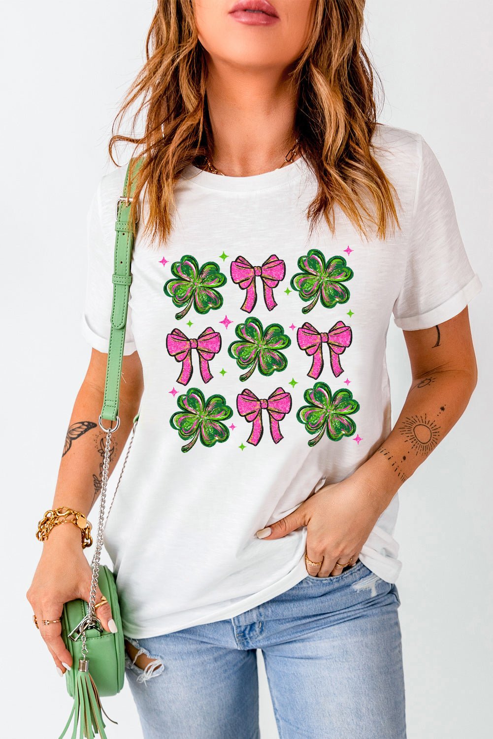 White St Patrick Shamrock Bowknot Printed Crewneck Tee - Loving It Shop