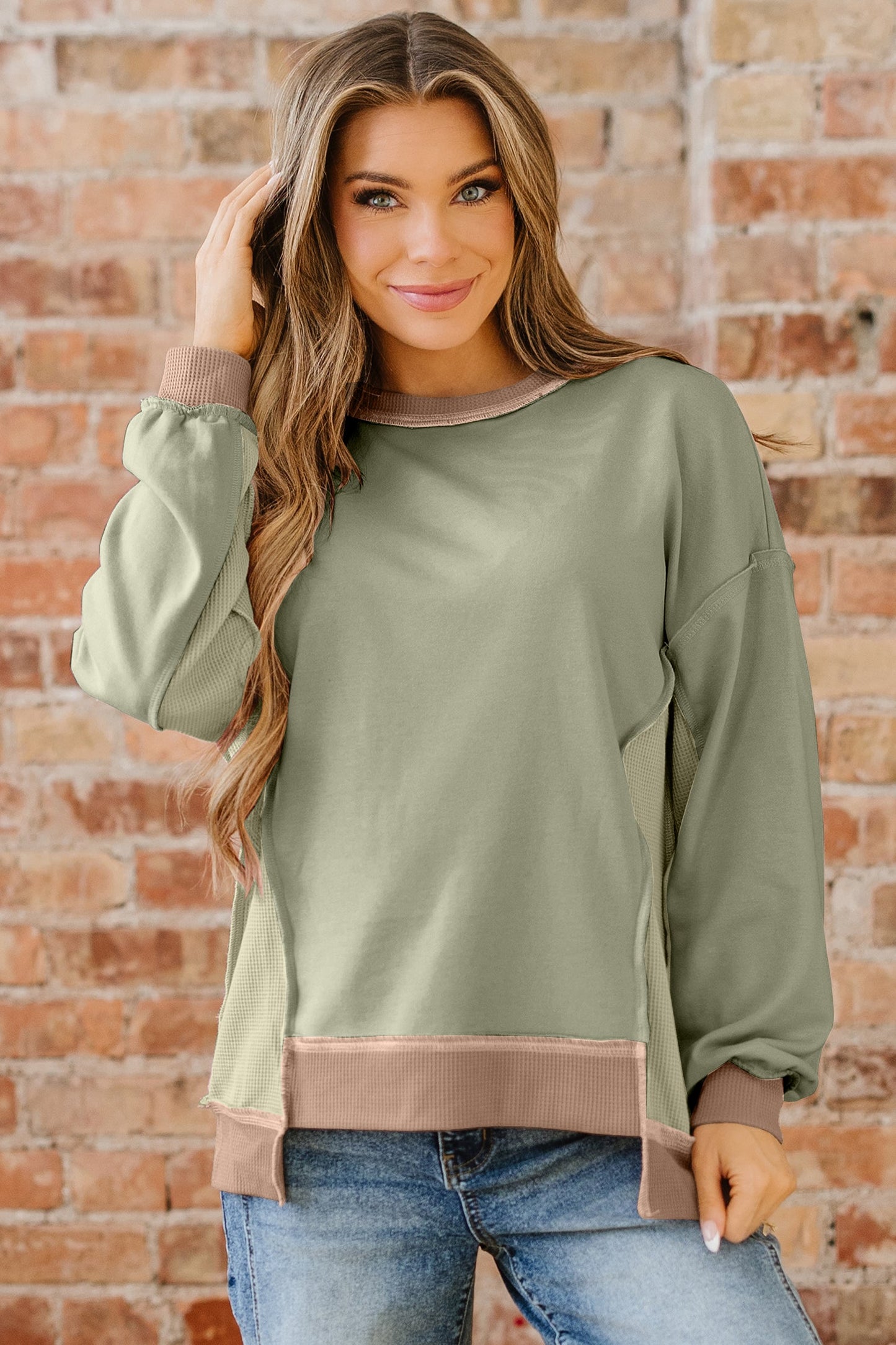 Smoke Green Color Block Mix Texture Waffle Patchwork Oversize Sweatshirt