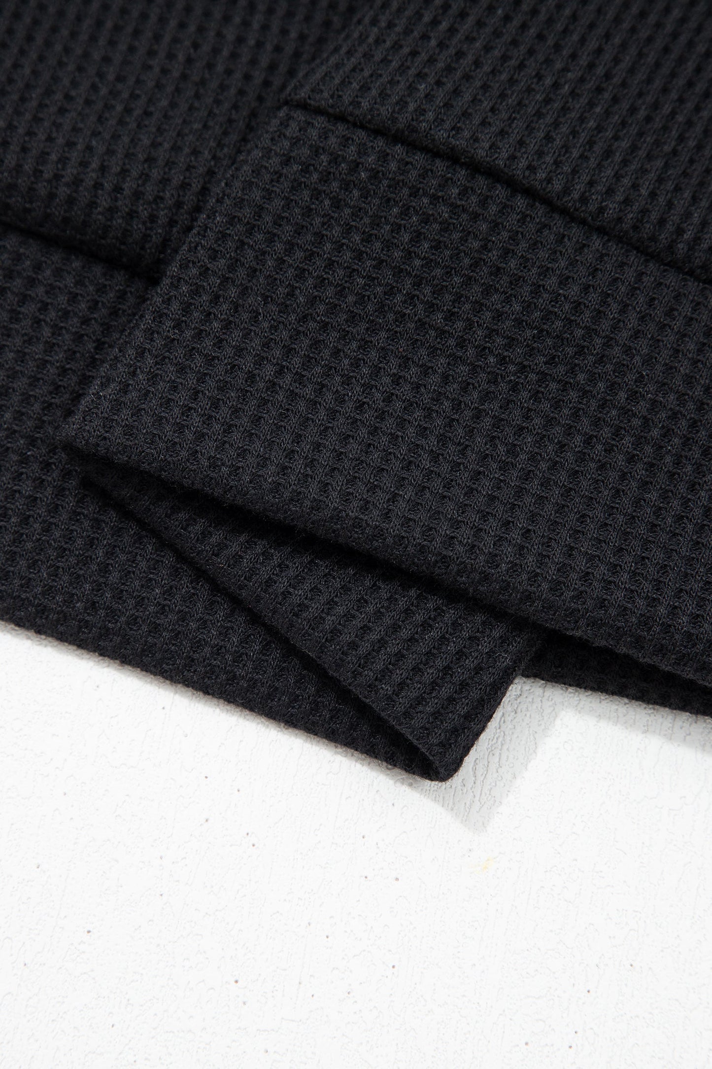 Black Waffle Knit Denim Contrast Trim Patchwork Button Collar Top