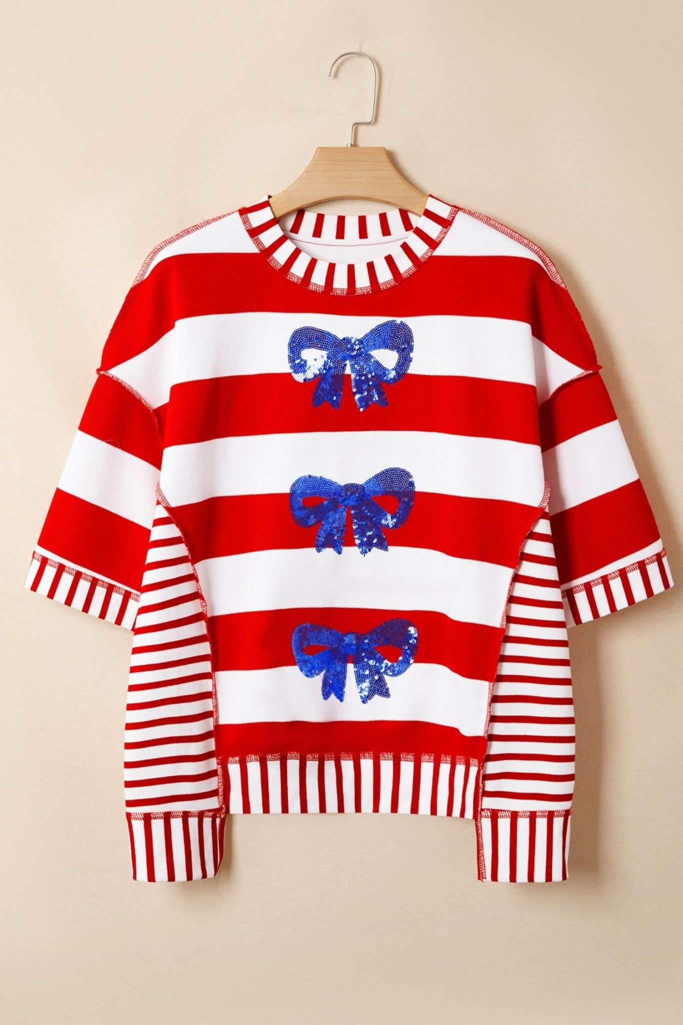 Red Stripe Sequin Bow Patriotic Half Sleeve Top - Loving It Shop