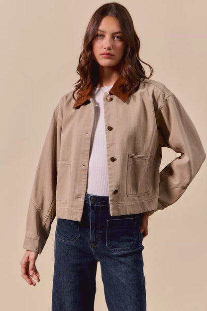 Cotton Twill Cropped Barn Jacket wtih Collar