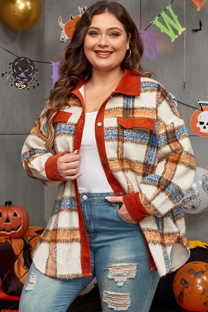 Brown Stripe Plus Size Plaid Print Collared Buttoned Jacket - Loving It Shop