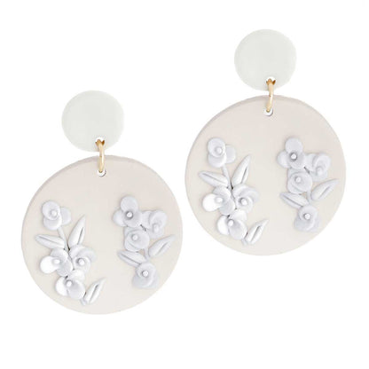 Bridal Round Flower Earrings White Tan Clay Stylish Statement Jewelry