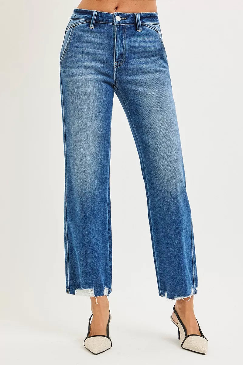 High Rise Ankle Straight Distressed Hem Detail Jeans