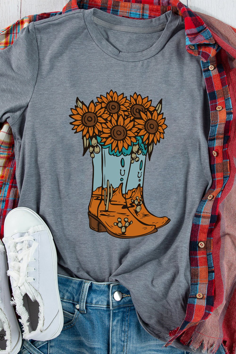Gray Sunflower Cowgirl Boots Print Western Fashion T Shirt - Loving It Shop