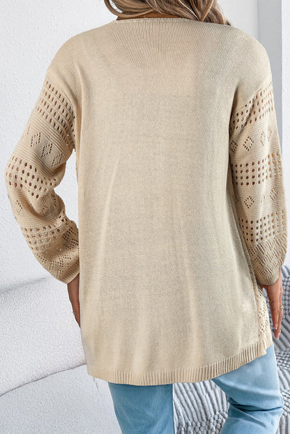 Smoke Gray Solid Color Hollowed Knit Open Front Cardigan Sweater
