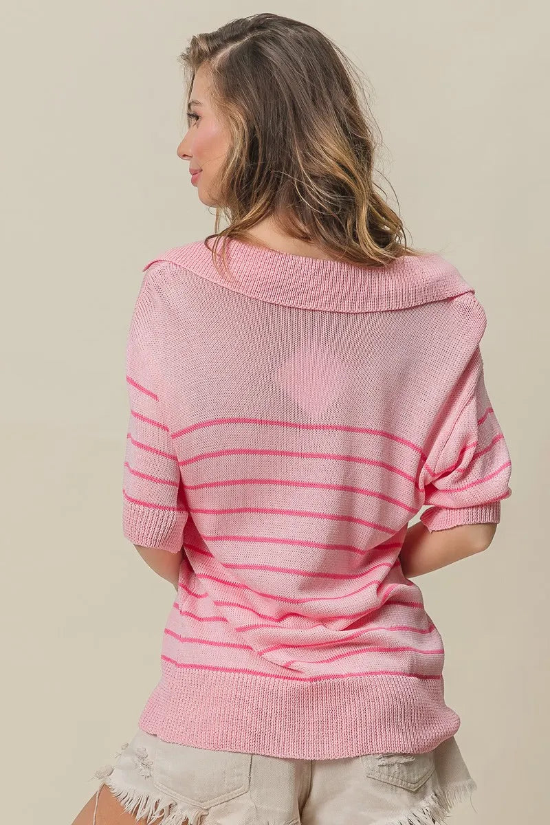 Stripe Short Sleeves Collared V Neck Top
