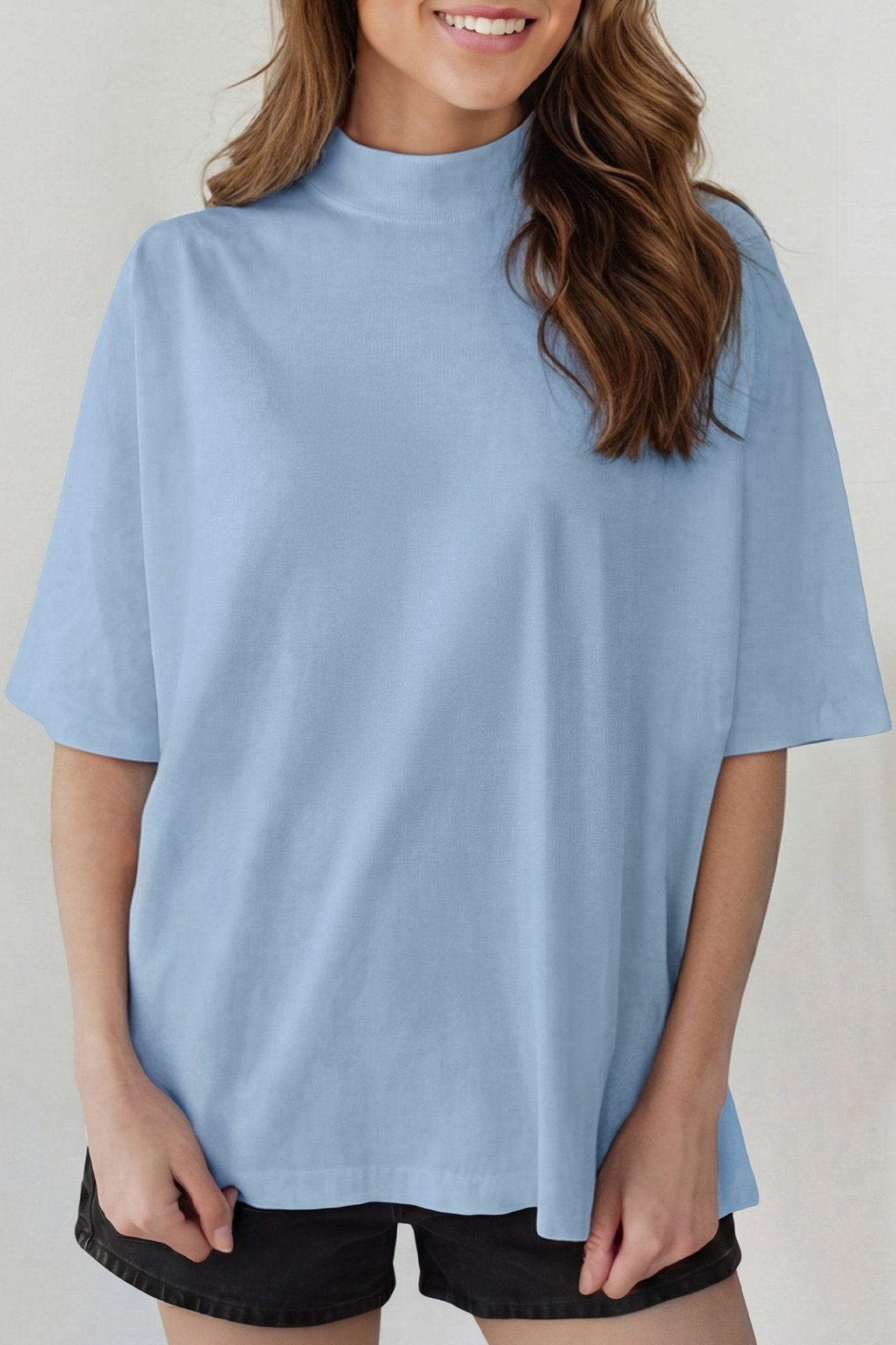 Beau Blue Solid Color High Neck Oversize Tee - Loving It Shop