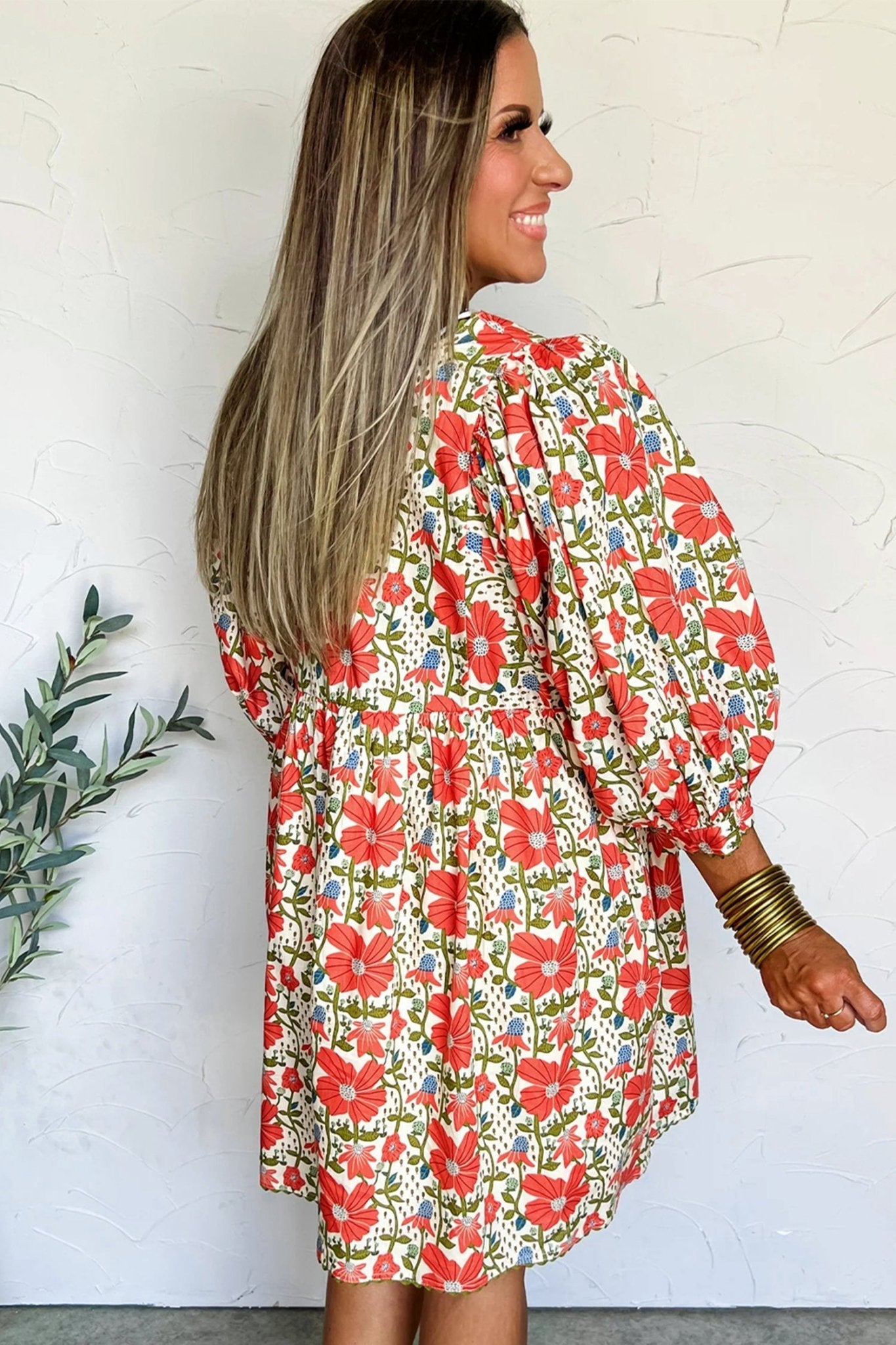 Red Floral Print Ricrac Trim V Neck 3/4 Sleeve Loose Mini Dress - Loving It Shop