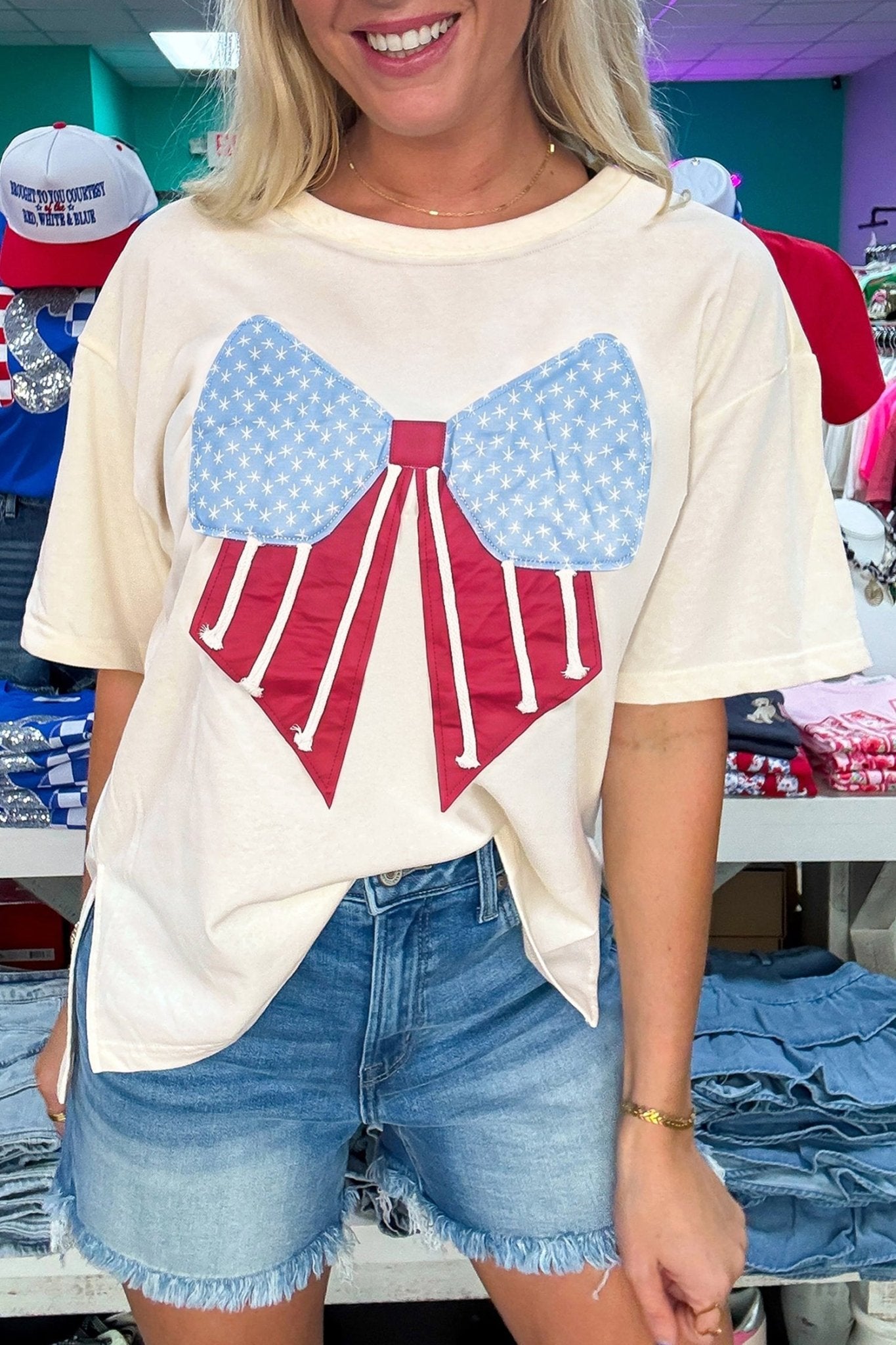 White Loose Knit Vintage Flag Bow Patched T Shirt - Loving It Shop