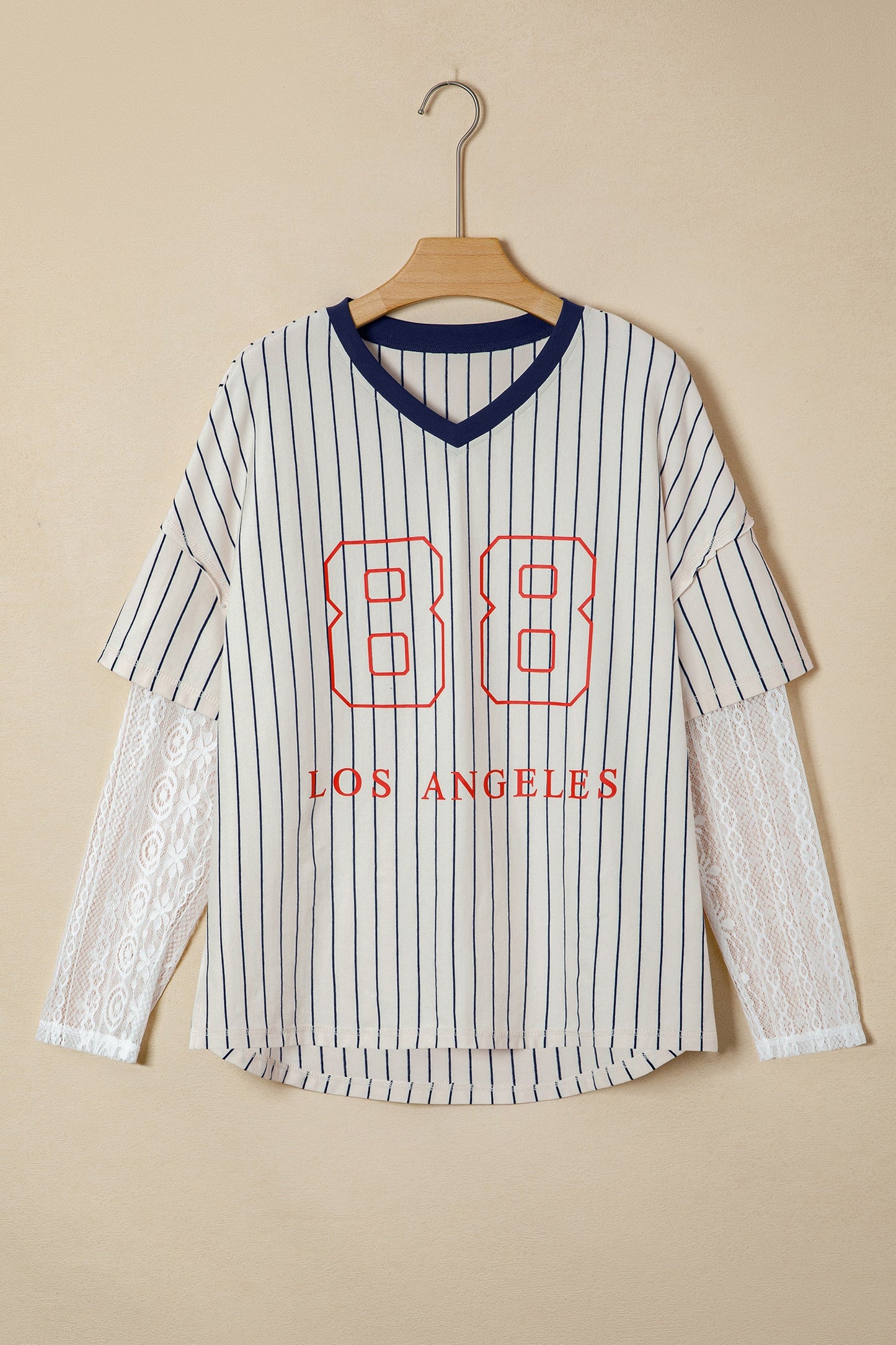 Blue Stripe 88 LOS ANGEL Graphic Lace Patchwork Faux Two Piece V Neck Top