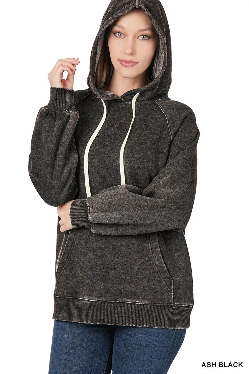 Acid Wash Fleece Hoodie with Drawstring