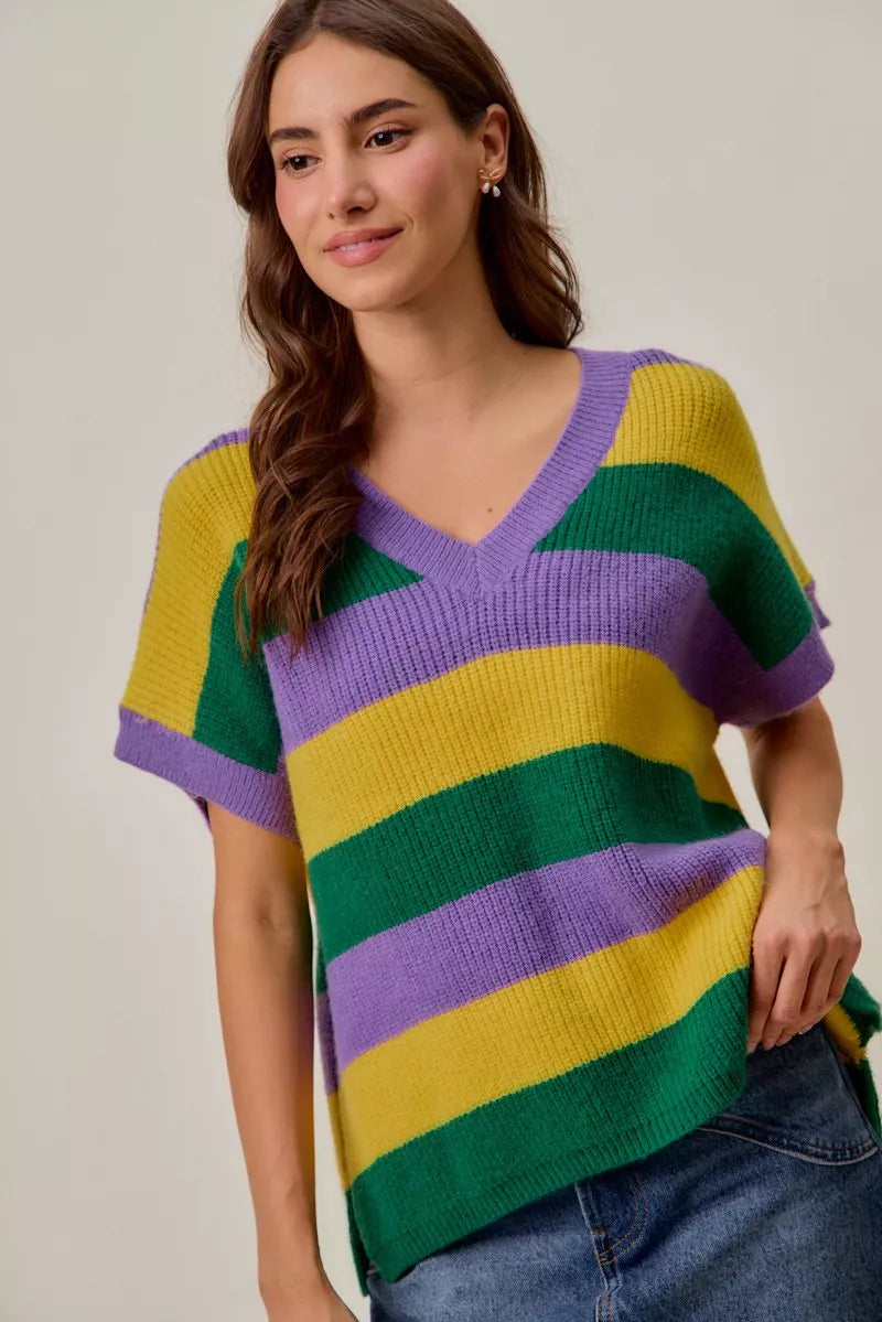 Mardi Gras Loose Fit V Neck Stripe Sweater Top