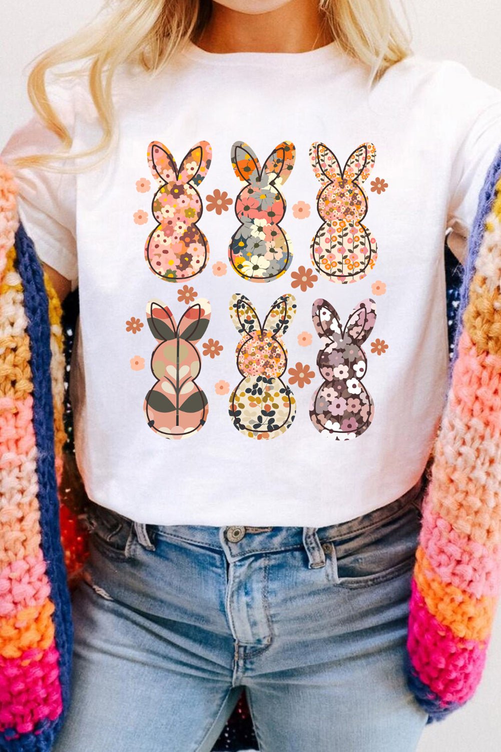 White Floral Bunny Graphic Crewneck Easter Fashion Tee - Loving It Shop