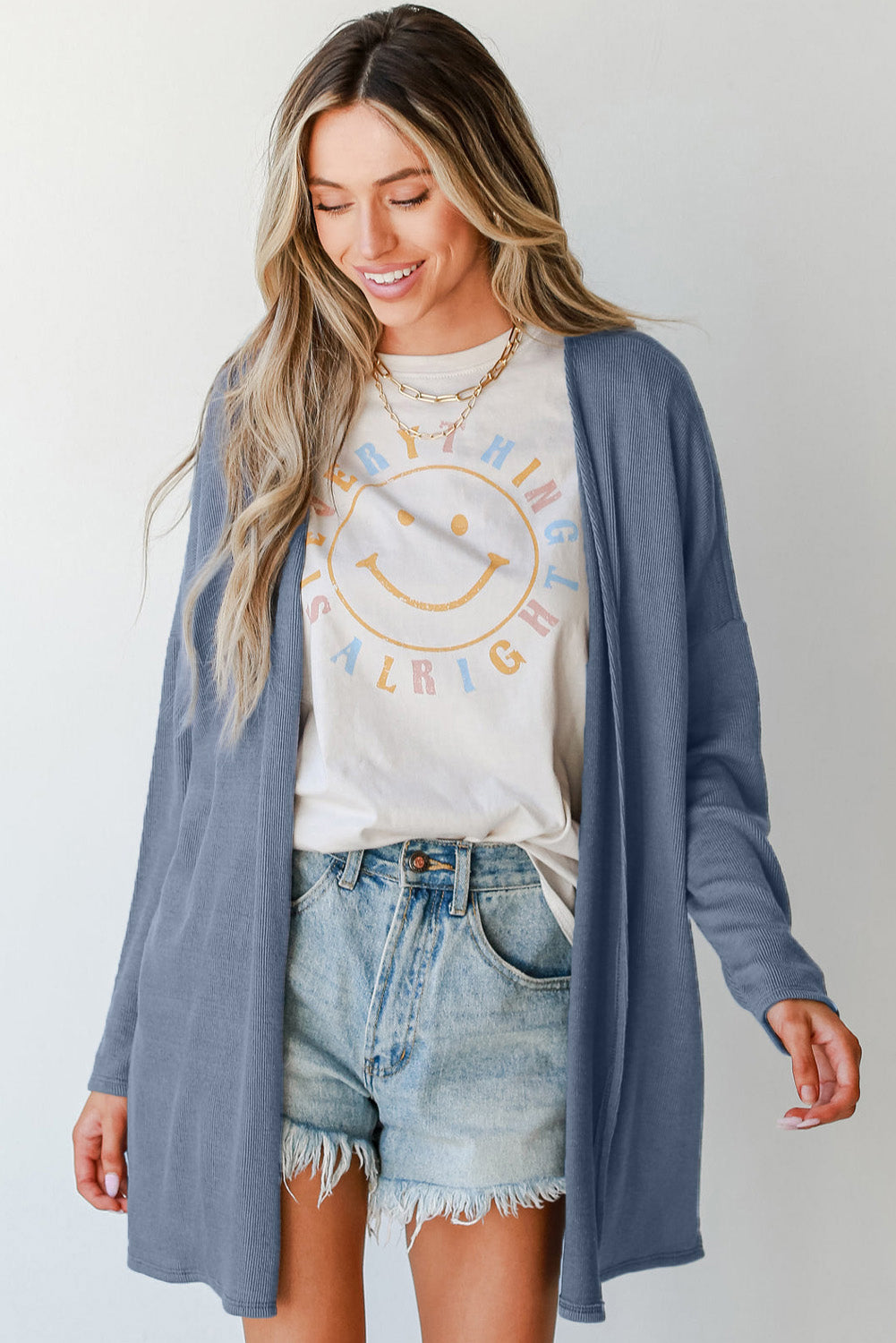 Solid Color Rib Knit Open Front Tunic Cardigan