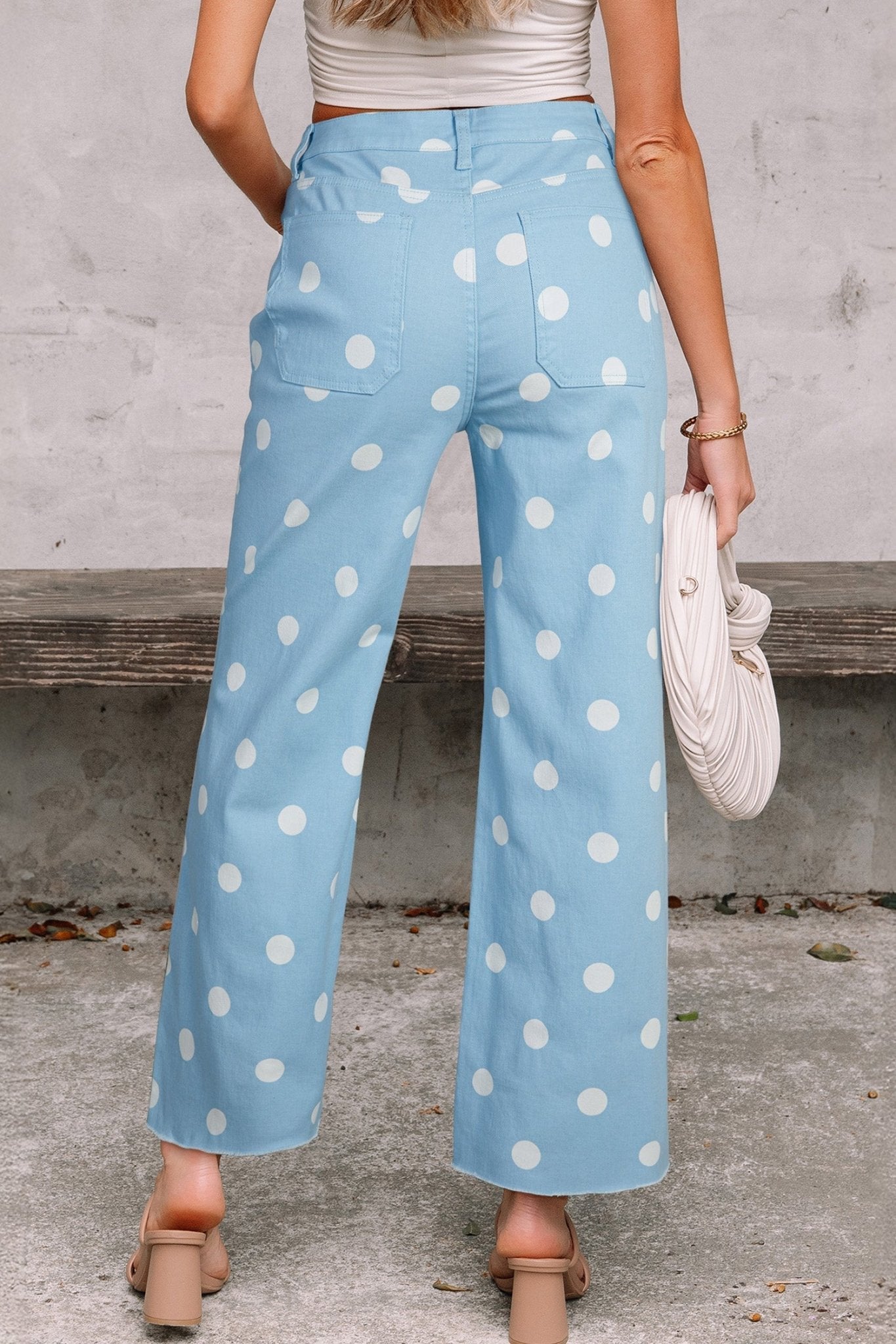 Sky Blue Polka Dot Print Raw Hem Shift Jeans - Loving It Shop