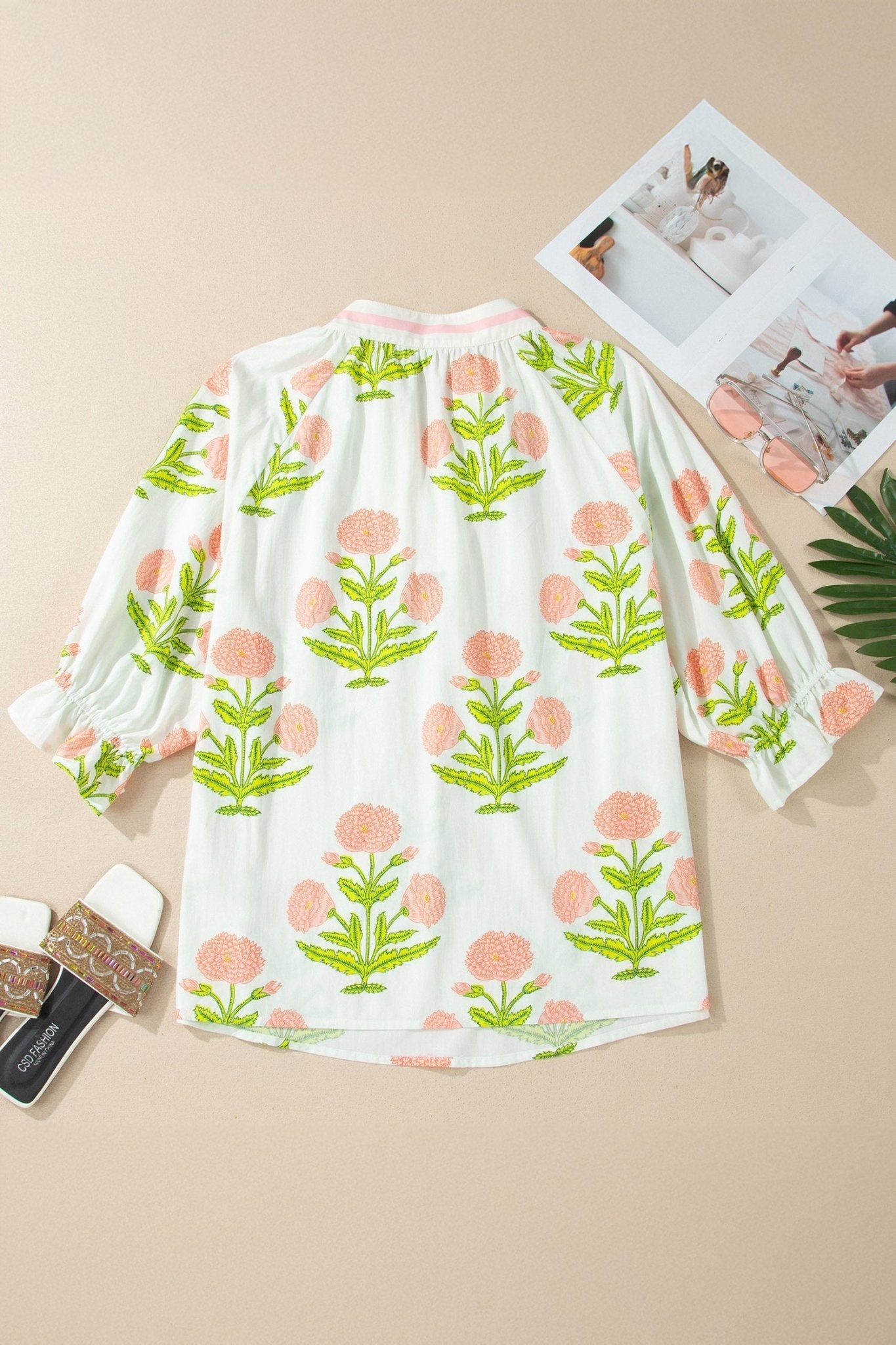 Pink Plus Size Floral Print Striped Trim V Neck Blouse - Loving It Shop