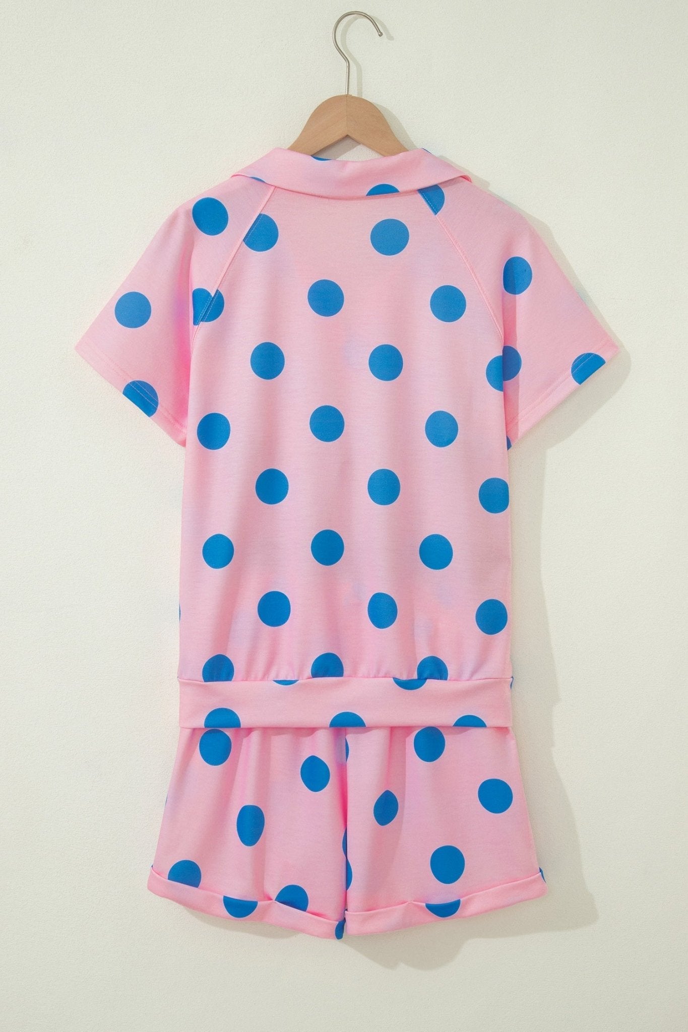 Pink Polka Dot Print V Neck Tee Short Set - Loving It Shop
