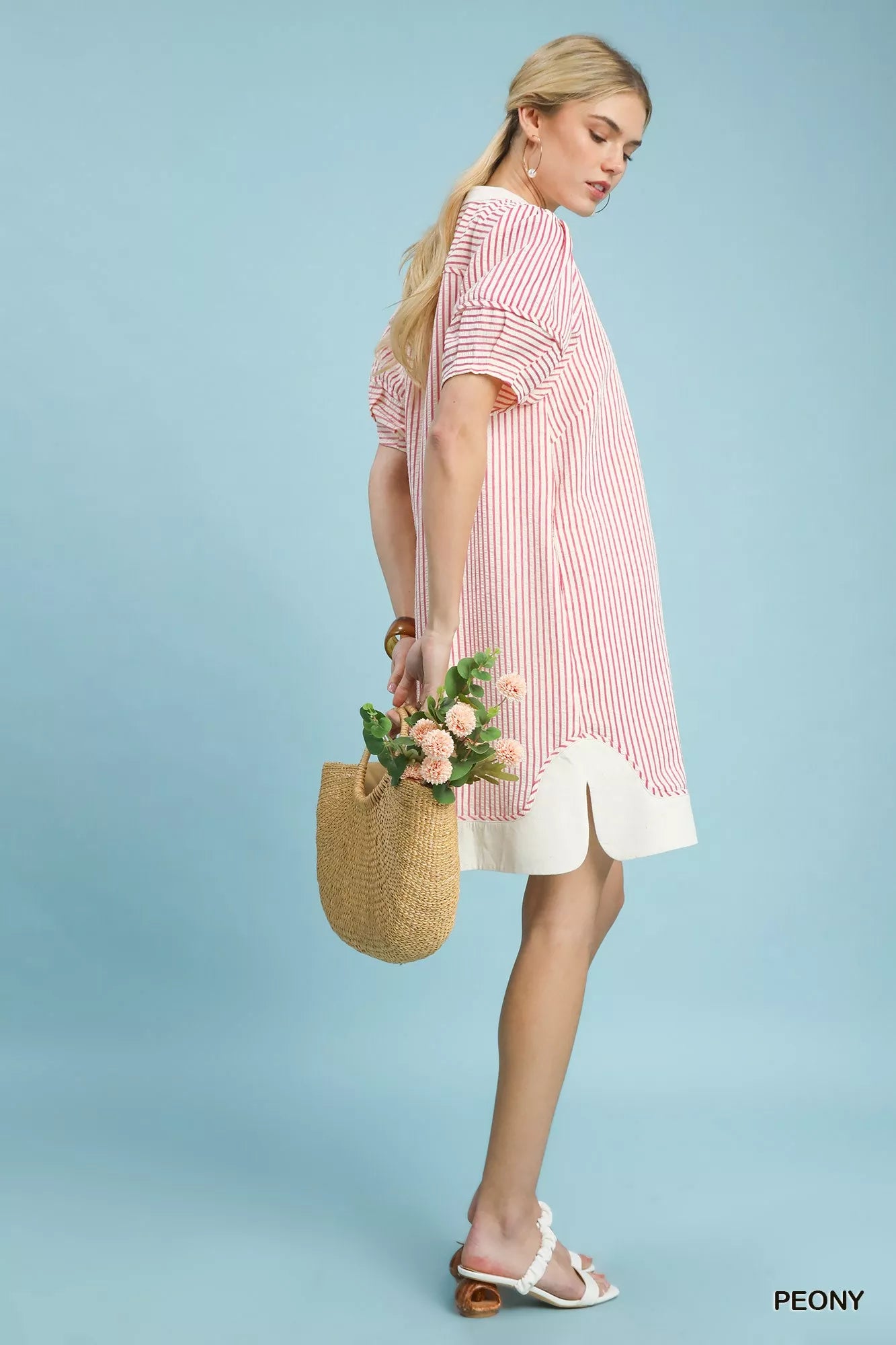 Pinstripe Shift Dress with Contrast Trim