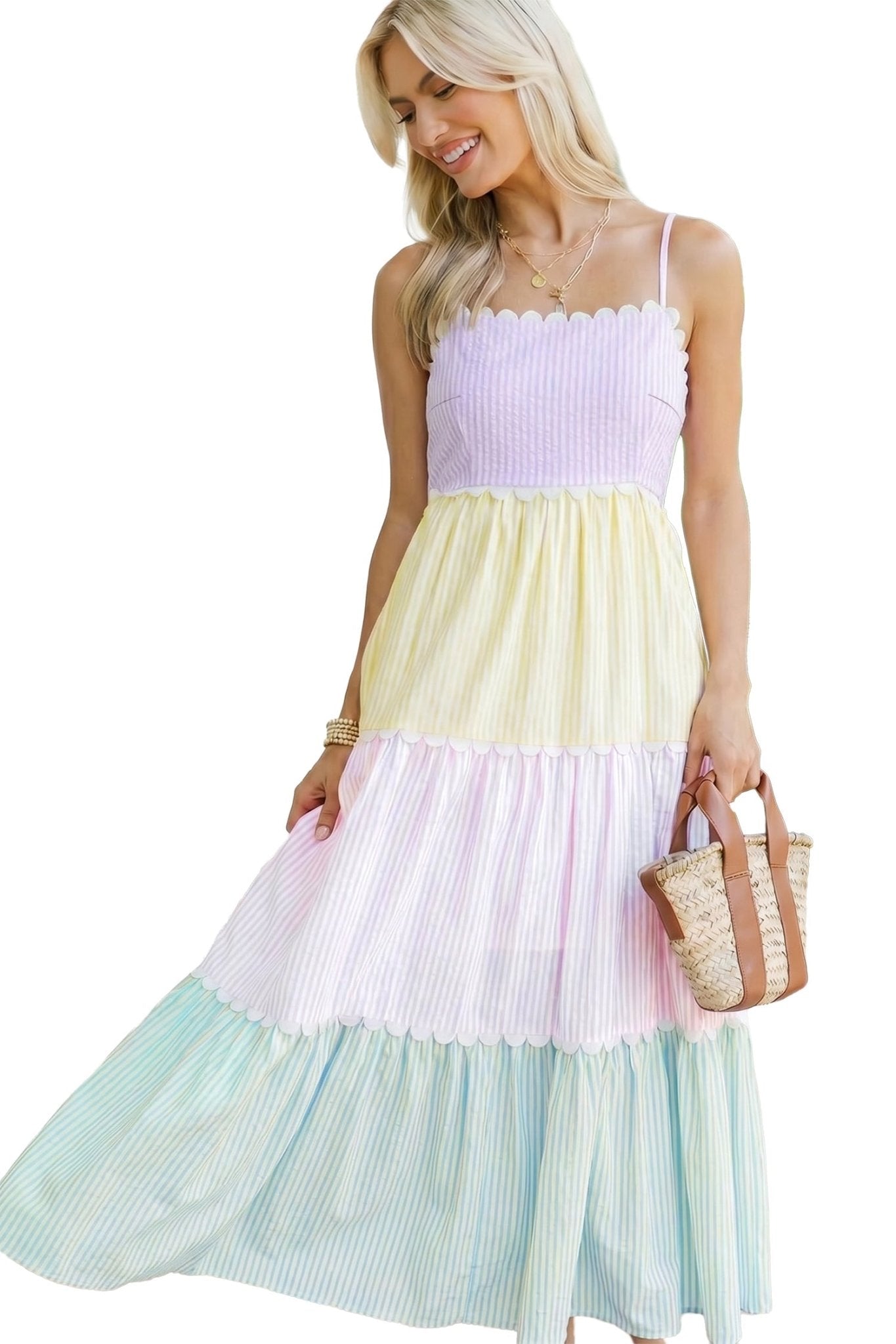 Multicolour Striped Colorblock Adjustable Strap Scalloped Detail Long Dress - Loving It Shop
