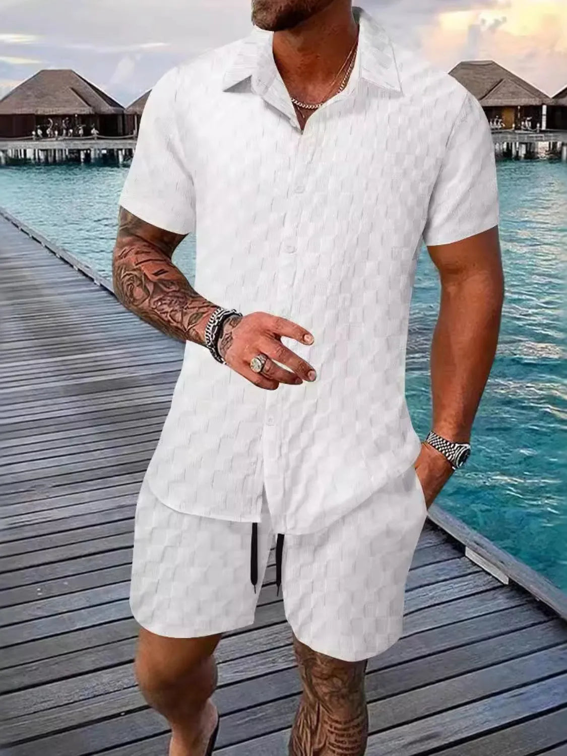 Men's Full Size Collared Neck Short Sleeve Top and Shorts Set Plus Size