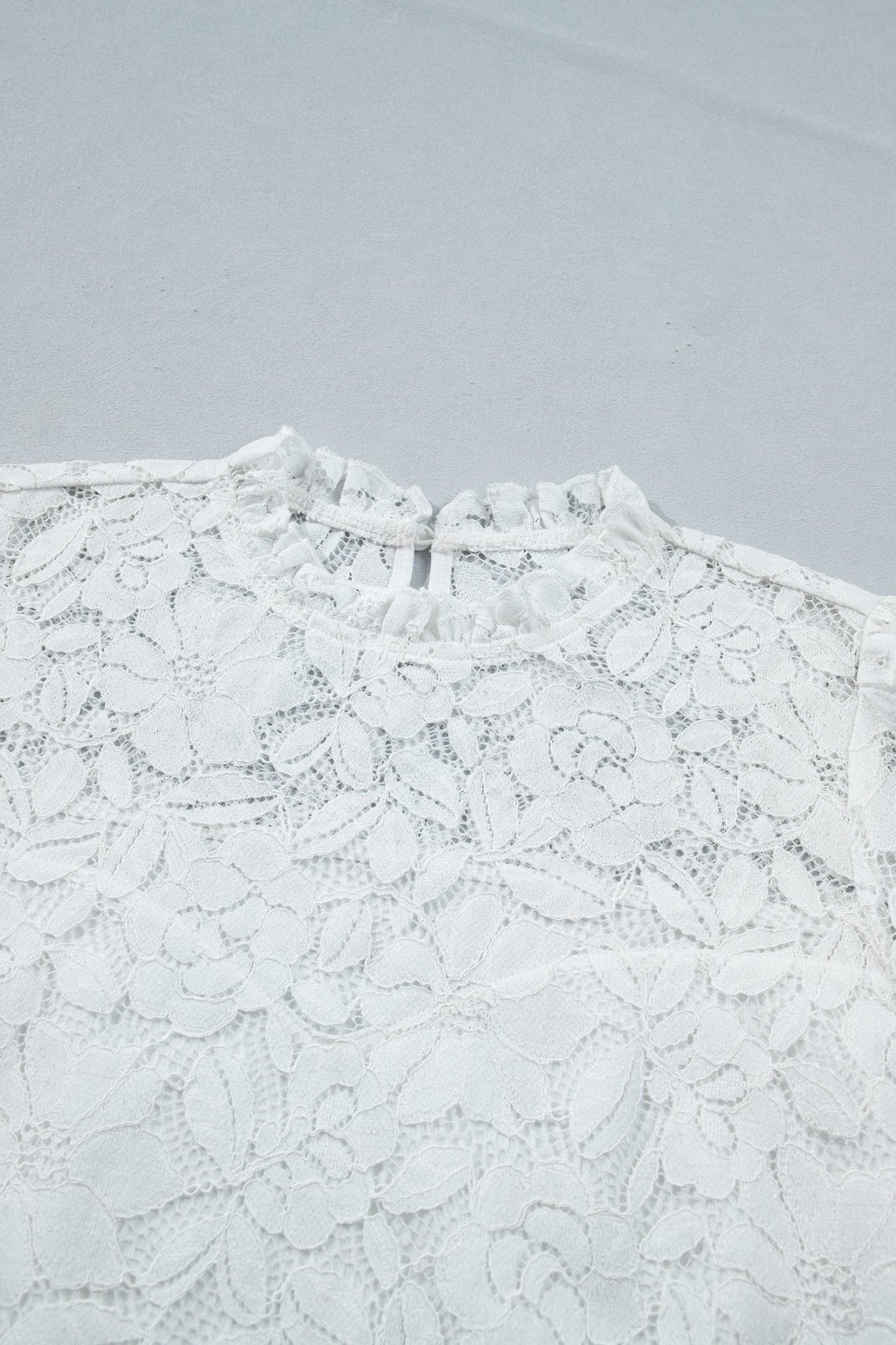 White Ruffled Round Neck Long Flounce Sleeve Sheer Lace Blouse - Loving It Shop
