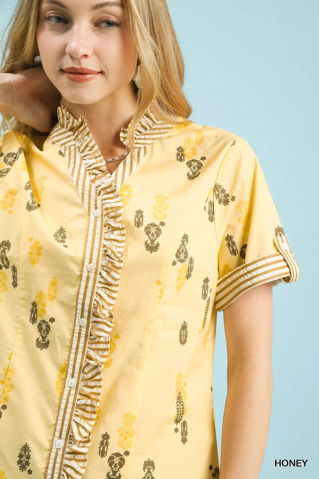 Printed Ruffle Trim Button Front Blouse