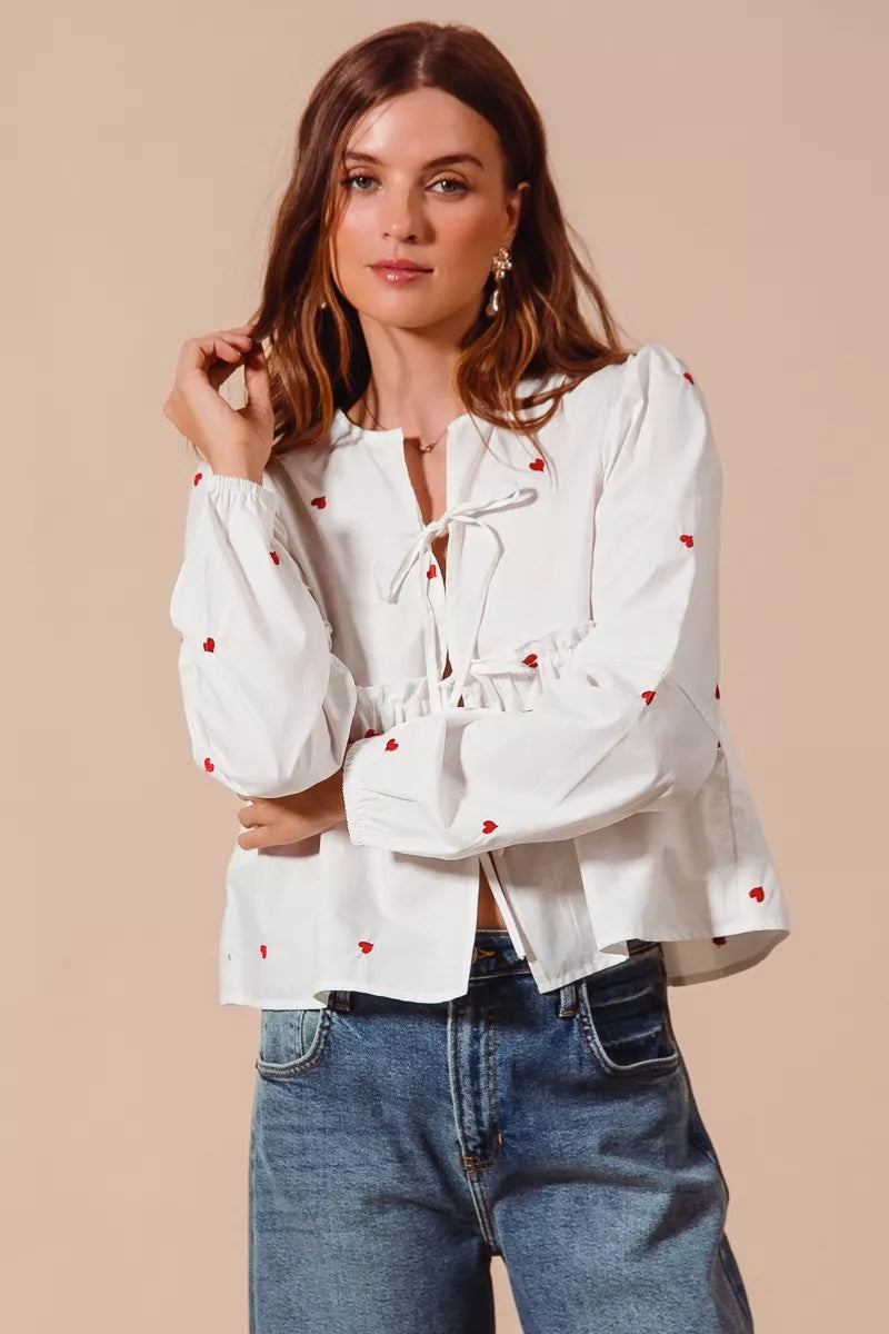 Front Tie Heart Embroidered Blouse With Puff Sleeve