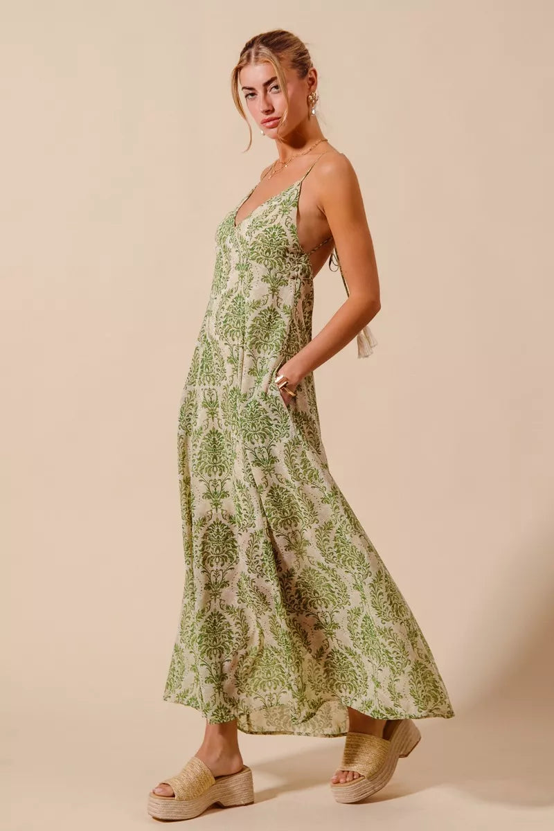 Damask Floral Summer Maxi Flowy Dress With Open Back