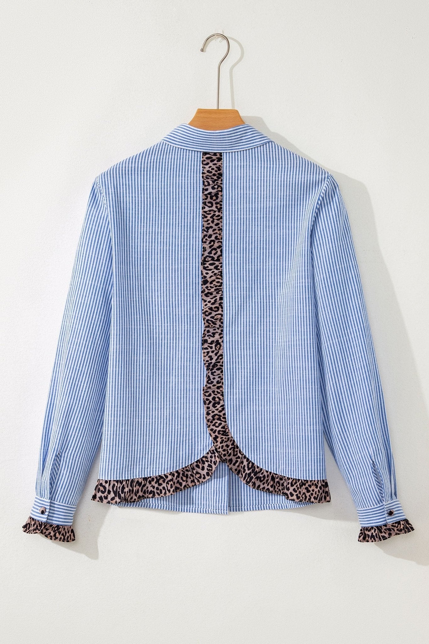 Sky Blue Stripe Contrast Frilled Leopard Trim Casual Long Sleeve Shirt - Loving It Shop