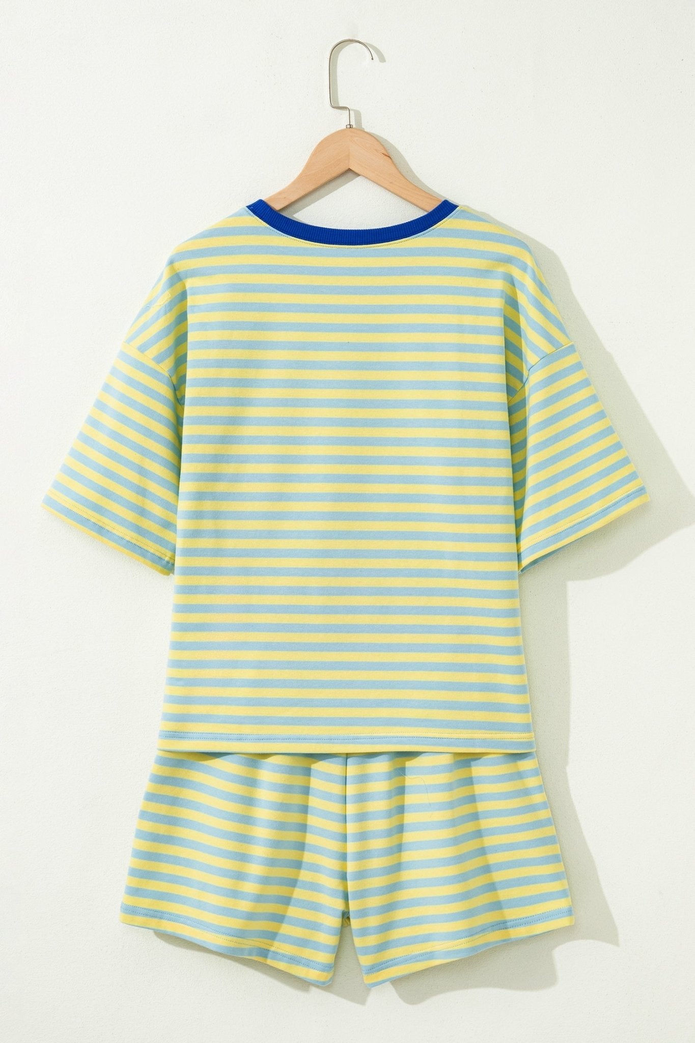 Yellow Stripe Drop Shoulder Boxy Casual Terry Short Set - Loving It Shop