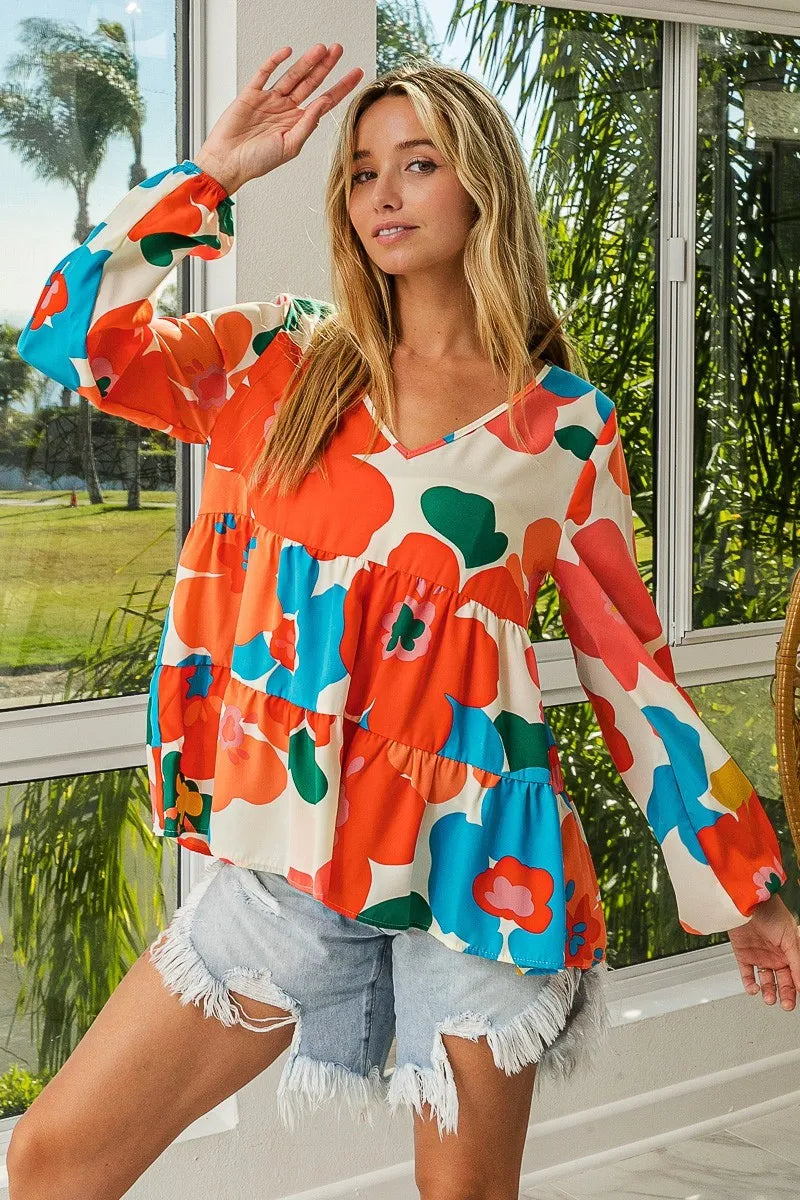Floral Woven Tiered V Neck Top