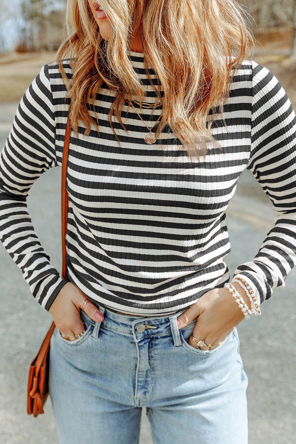 Black Striped Print Textured Knit Long Sleeve Tee - Loving It Shop