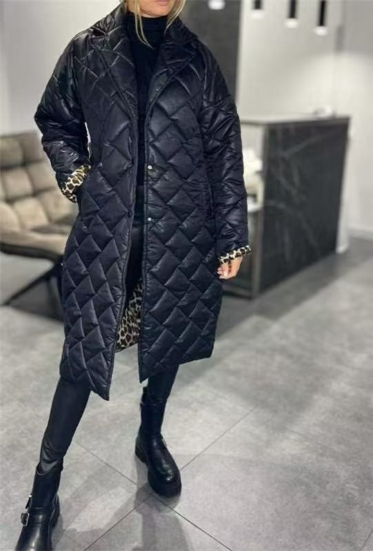 Winter Rhombus Stitching Coat Warm Solid Color Pocket Lapel Long Jacket Women&