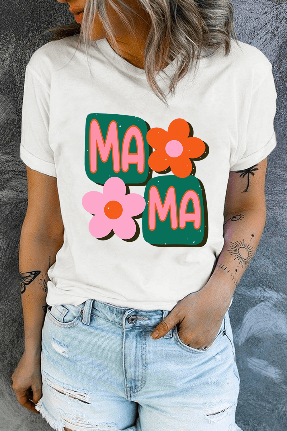 White MAMA Flower Graphic Crewneck Tee - Loving It Shop