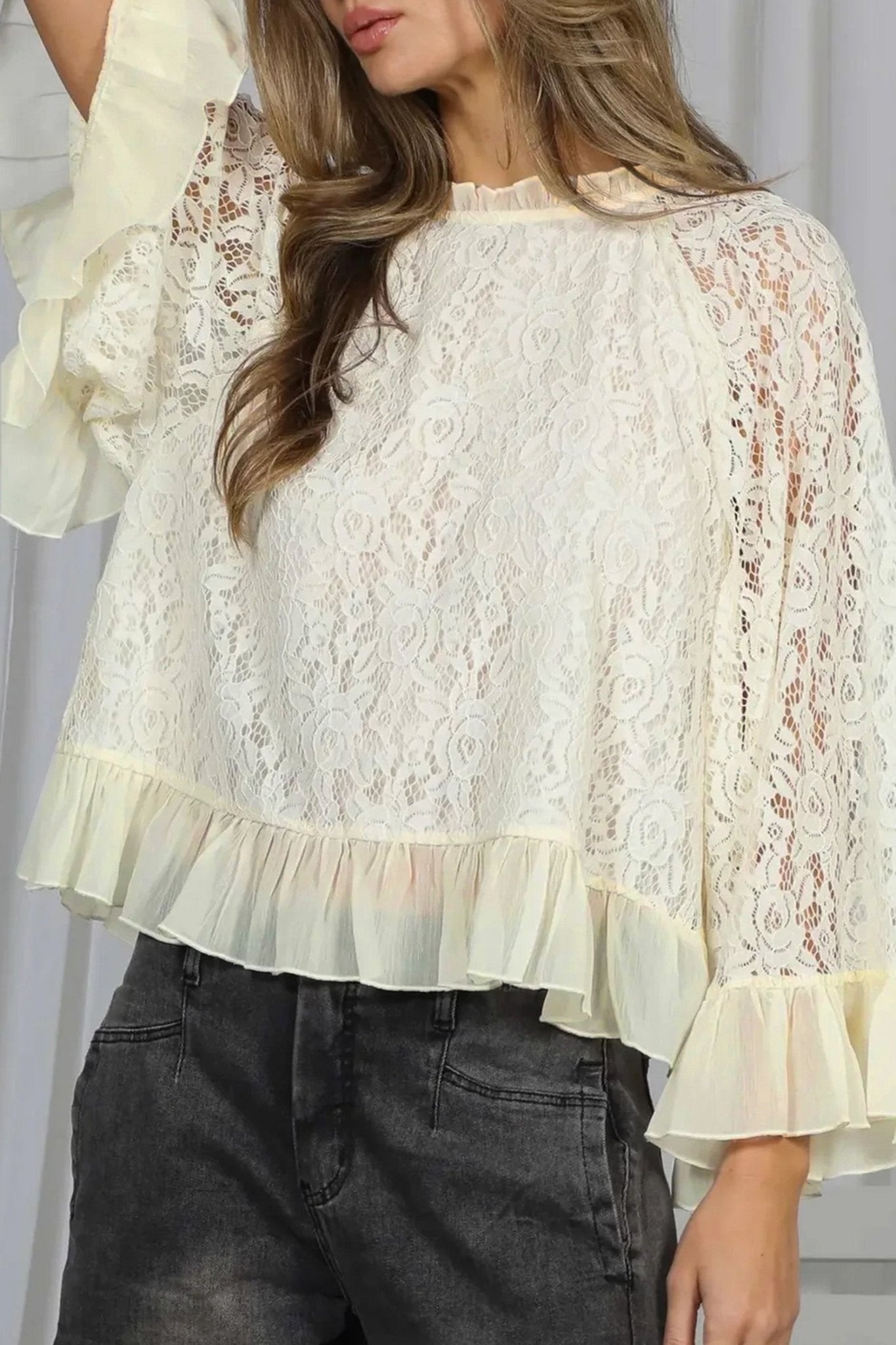 White Sheer Lace Long Sleeve Ruffle Trim Loose Blouse - Loving It Shop